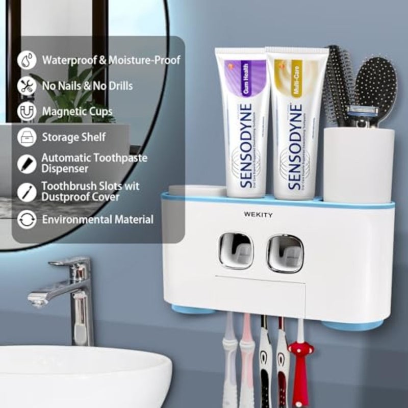 Toothbrush Holder Wall Mounted, Multi-Functional Toothbrush and Toothpaste Dispenser for Bathroom, with 5 Toothbrush Slots, 2 Toothpaste Squeezers and 4 Cups - Image 2