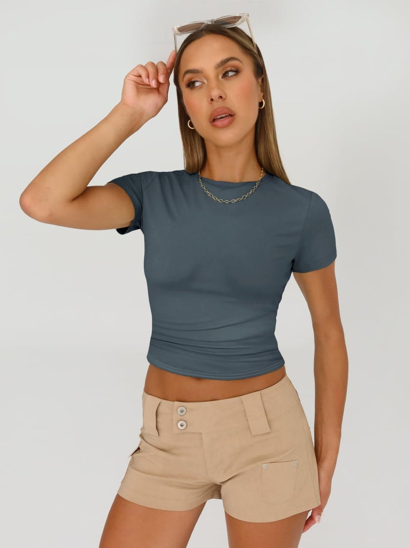 AUTOMET Womens 3 Piece Short Sleeve Shirts Basic Going Out Slim Fitted Crop Tops 2025 Summer Y2k Clothes Black,White,Haze Blue XS - Image 4