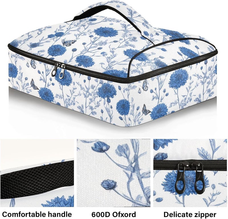 ElliTarr Casserole Carrier Insulated Casserole Dish Carrier Thermal Food Warmer Bag Lasagna Holder Lugger Tote Potluck Containers for Travel Picnic Party Blue Vintage Cornflowers and Butterflies - Image 2