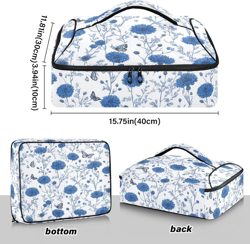 ElliTarr Casserole Carrier Insulated Casserole Dish Carrier Thermal Food Warmer Bag Lasagna Holder Lugger Tote Potluck Containers for Travel Picnic Party Blue Vintage Cornflowers and Butterflies - Image 3