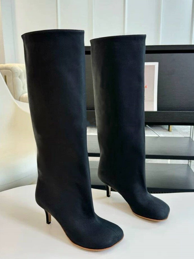 New High Heel Square Head Retro Frosted Suede Loose Straight Pants Tube Boots Plus Size Sleeve Knight Boots - Image 1