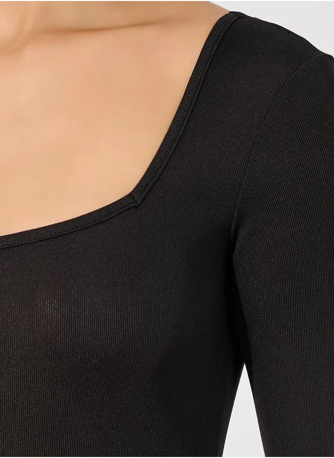 Styli Ribbed Square Neck Fitted Bodysuit