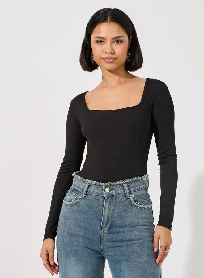 Styli Ribbed Square Neck Fitted Bodysuit