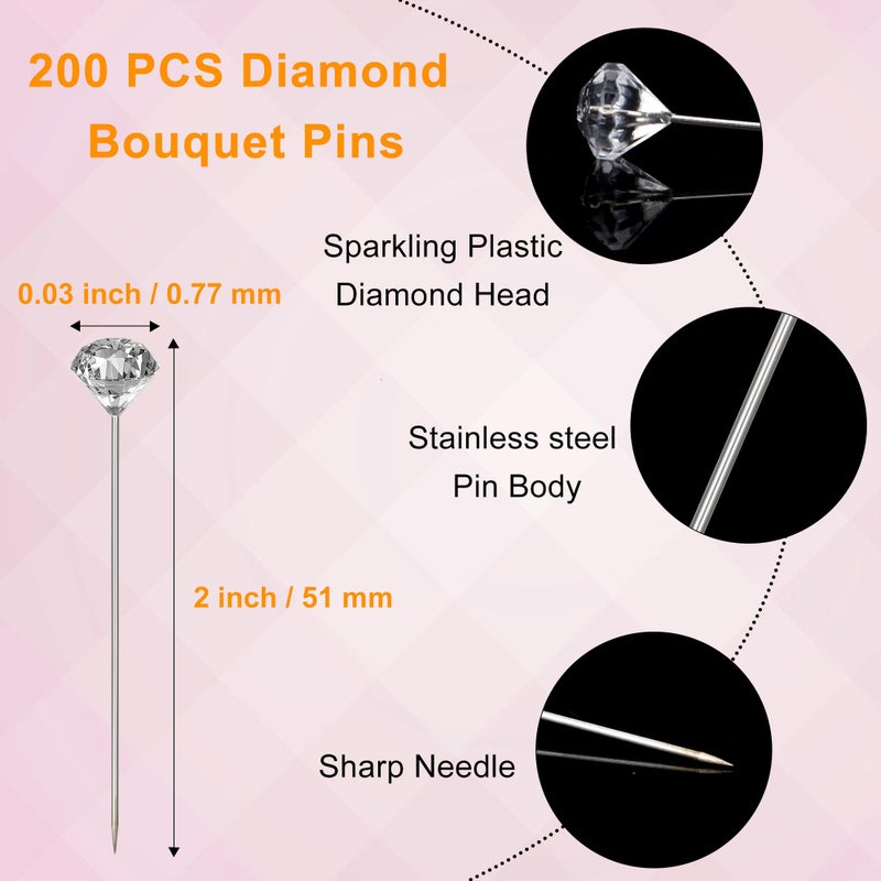 Dulinkas 200 Pcs Diamond Bouquet Pins 2 Inches Corsage Pins Flower Pins Rhinestones Crystal Head Pins Straight Head Pins Clear Flower Pins for Wedding Bouquet Decoration Jewelry DIY Craft - Image 2