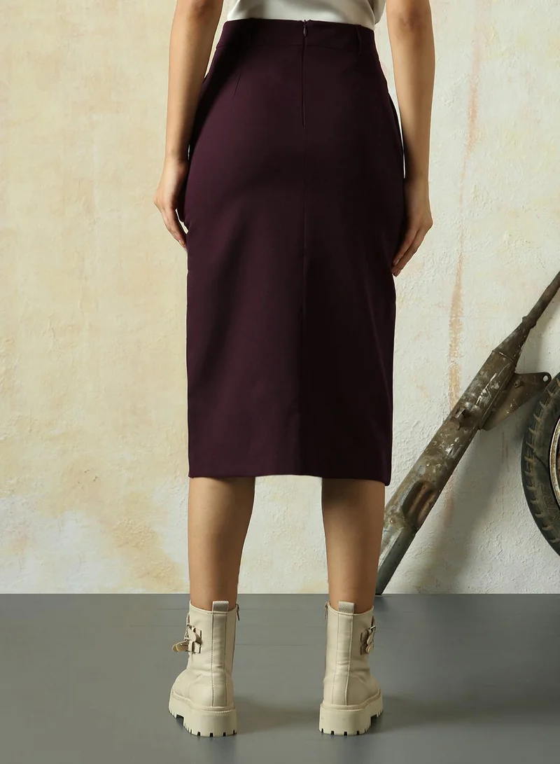 HIGH STAR Women's Wine Polyester Blend Solid Midi Pencil Slim Fit Skirt