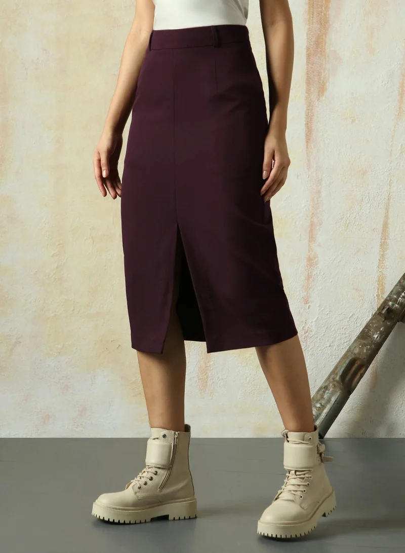 HIGH STAR Women's Wine Polyester Blend Solid Midi Pencil Slim Fit Skirt
