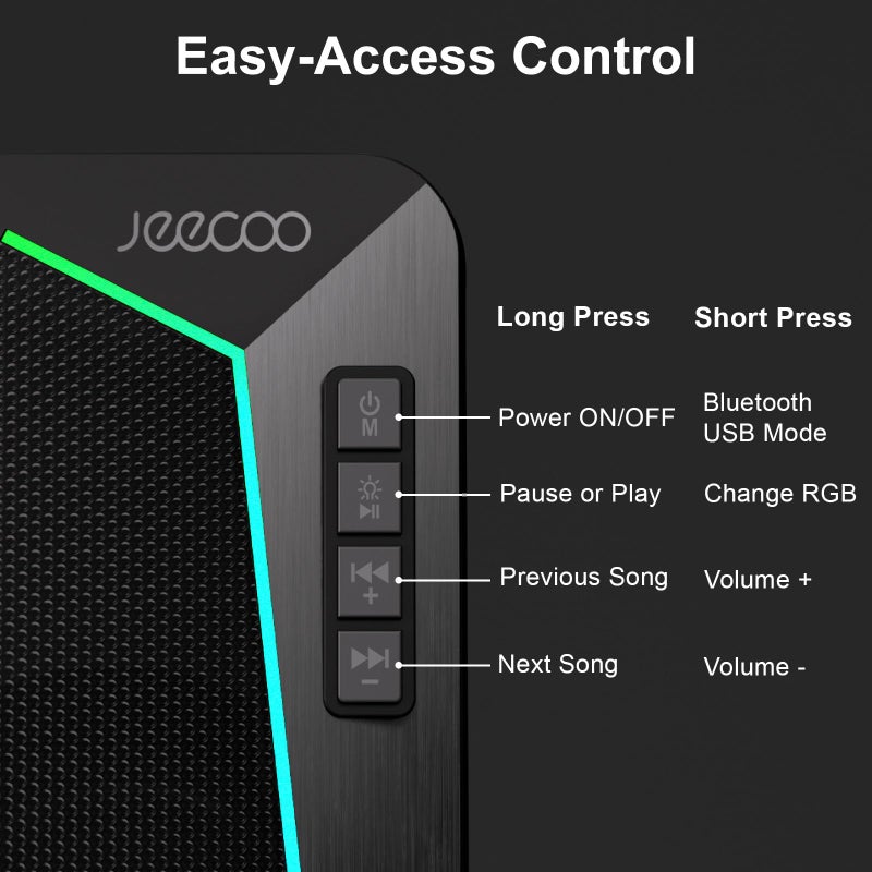 Jeecoo M30 Bluetooth Computer Speakers, RGB PC Gaming Speakers for Desktop with Crisp Stereo Sound, Dynamic LED Modes, Easy-Access Control, 10W - USB-Powered (Not 3.5mm Aux) - Image 4