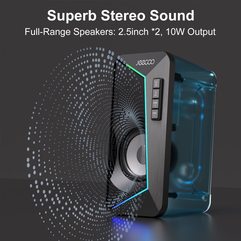 Jeecoo M30 Bluetooth Computer Speakers, RGB PC Gaming Speakers for Desktop with Crisp Stereo Sound, Dynamic LED Modes, Easy-Access Control, 10W - USB-Powered (Not 3.5mm Aux) - Image 3