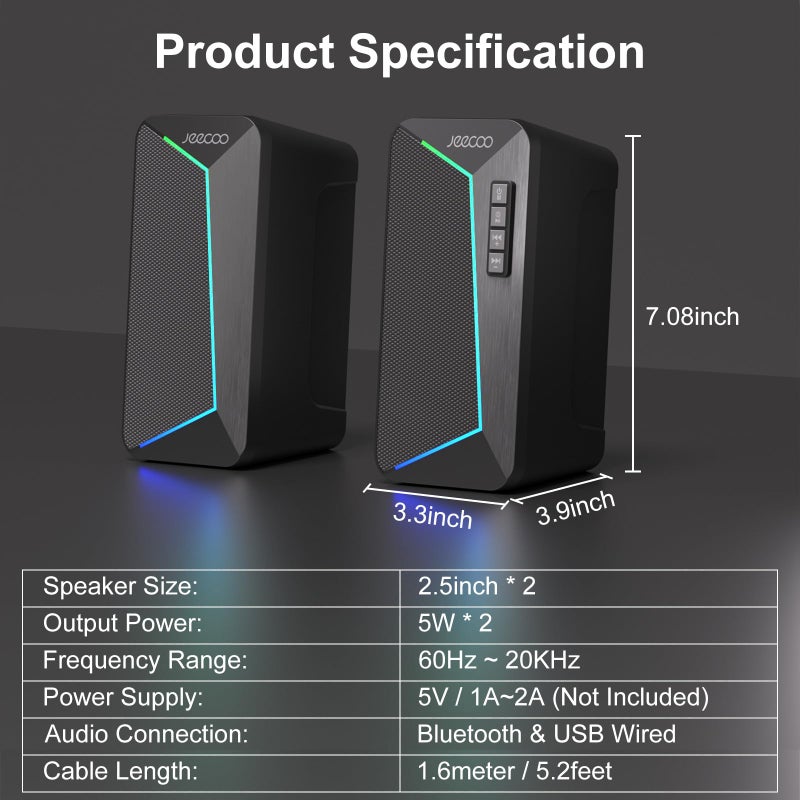 Jeecoo M30 Bluetooth Computer Speakers, RGB PC Gaming Speakers for Desktop with Crisp Stereo Sound, Dynamic LED Modes, Easy-Access Control, 10W - USB-Powered (Not 3.5mm Aux) - Image 2