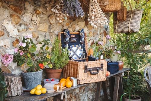 PICNIC TIME Romantic Canterbury Deluxe Wicker Picnic Basket Set for 2, with Blanket and Soft Cooler, One Size, Navy With Plaid - Image 4