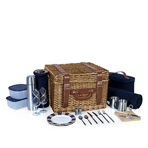 PICNIC TIME Romantic Canterbury Deluxe Wicker Picnic Basket Set for 2, with Blanket and Soft Cooler, One Size, Navy With Plaid - Image 2