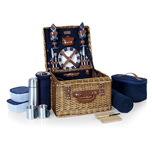 PICNIC TIME Romantic Canterbury Deluxe Wicker Picnic Basket Set for 2, with Blanket and Soft Cooler, One Size, Navy With Plaid - Image 1