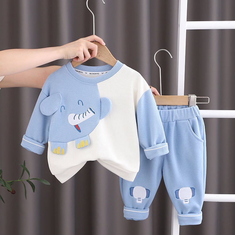 Boys Autumn Long-sleeved suit Spring and Autumn New Small and Medium-sized Childrens Fashion Fried Street Stitching Bear Elephant Long-sleeved Two-piece Set Blue