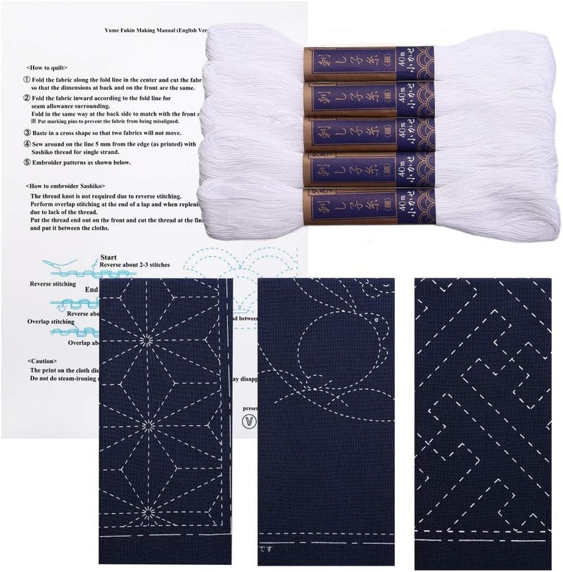 Daruma Sashiko kit, Yokota Sashiko Thread and Template Yume Fukin with Original English Manual, Fabric, Japanese Textile (White Thread / Navy Dishcloth 3) - Image 1