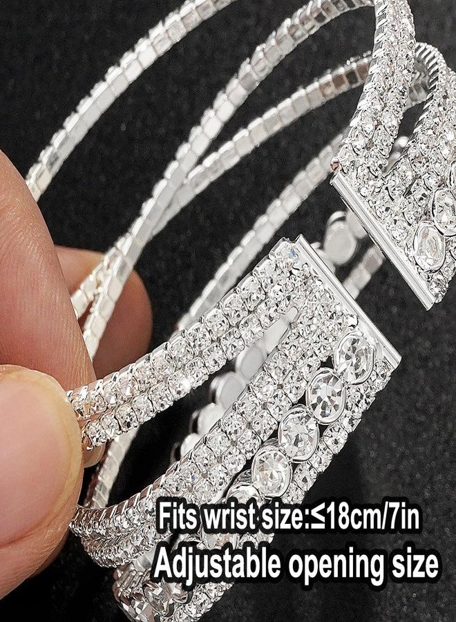 Suyi Rhinestone Bracelet for Women Silver Multilayer Cuff Bracelet Craystal Braidal Bracelets Silver 3 - Image 5