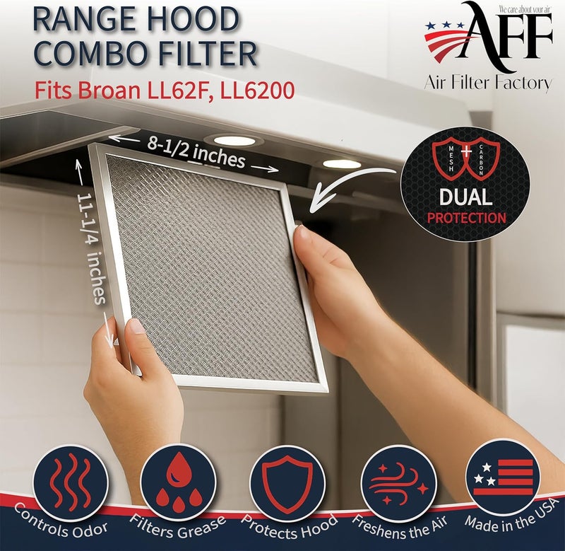 Air Filter Factory LL62F, LL6200, MM 6500 Compatible For Broan Nutone Aluminum Grease Mesh Charcoal Carbon Combo Range Hood Filter - Image 2