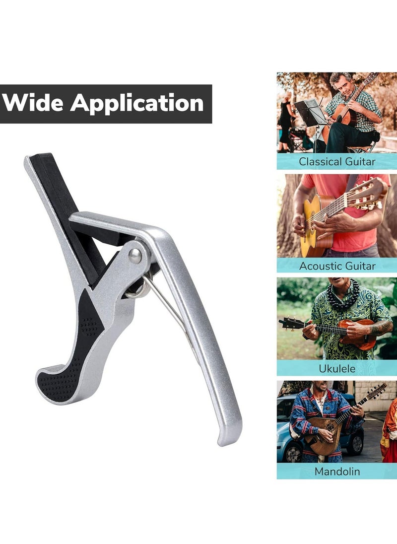 Mike Music Guitar Capo,Quick-Change Capo, 6-String Capo for Acoustic and Electric Guitar, Ukulele, Bass, Banjo, Mandolin,Single Handed Capo, Silver Guitar Capo  - Image 5