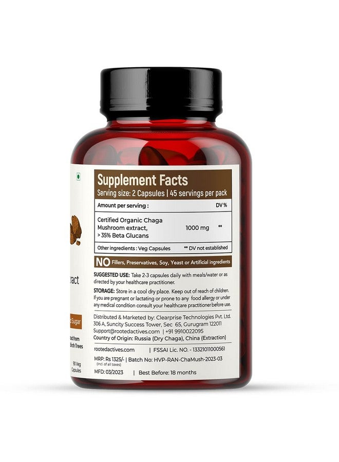 Rooted Actives, Siberian Chaga Mushroom Extract, Certified Organic| 35% Beta Glucans - Lab verified | Antioxidant & Vitality support (90 Veg Caps), - Image 2
