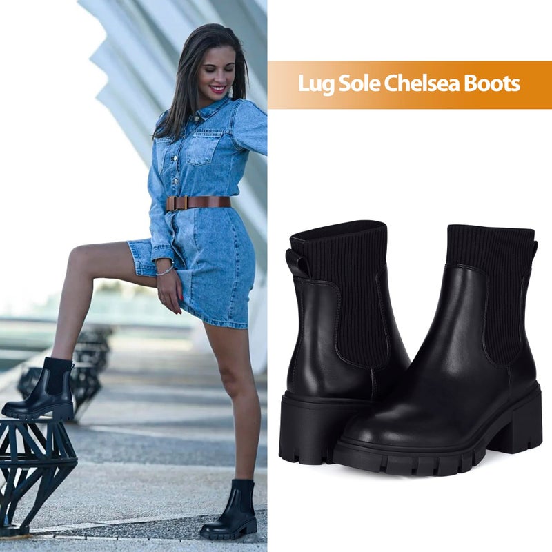 Athlefit Women's Chelsea Platform Ankle Boots Elastic Chunky Heel Lug Sole Black Booties Size 9 - Image 2
