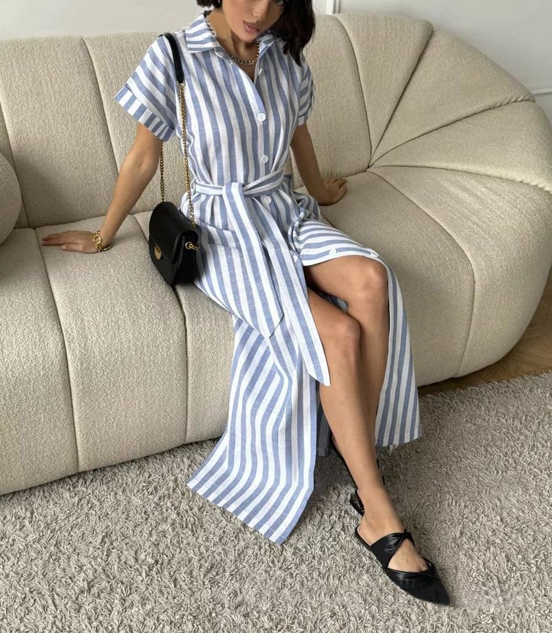 chouyatou Women's Summer Short Sleeve Striped Shirt Dress Beach Maxi Long Belted Casual Button Down Dress (Medium, Light Blue) - Image 4