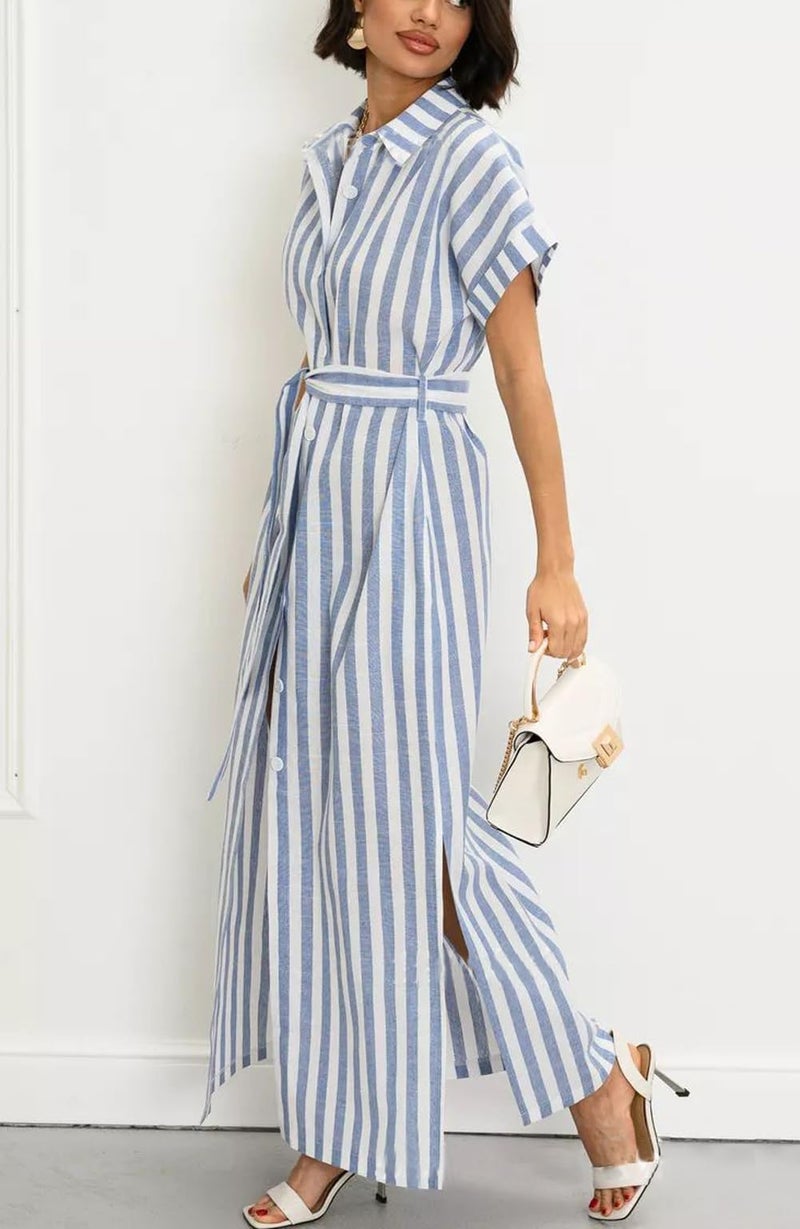 chouyatou Women's Summer Short Sleeve Striped Shirt Dress Beach Maxi Long Belted Casual Button Down Dress (Medium, Light Blue) - Image 3