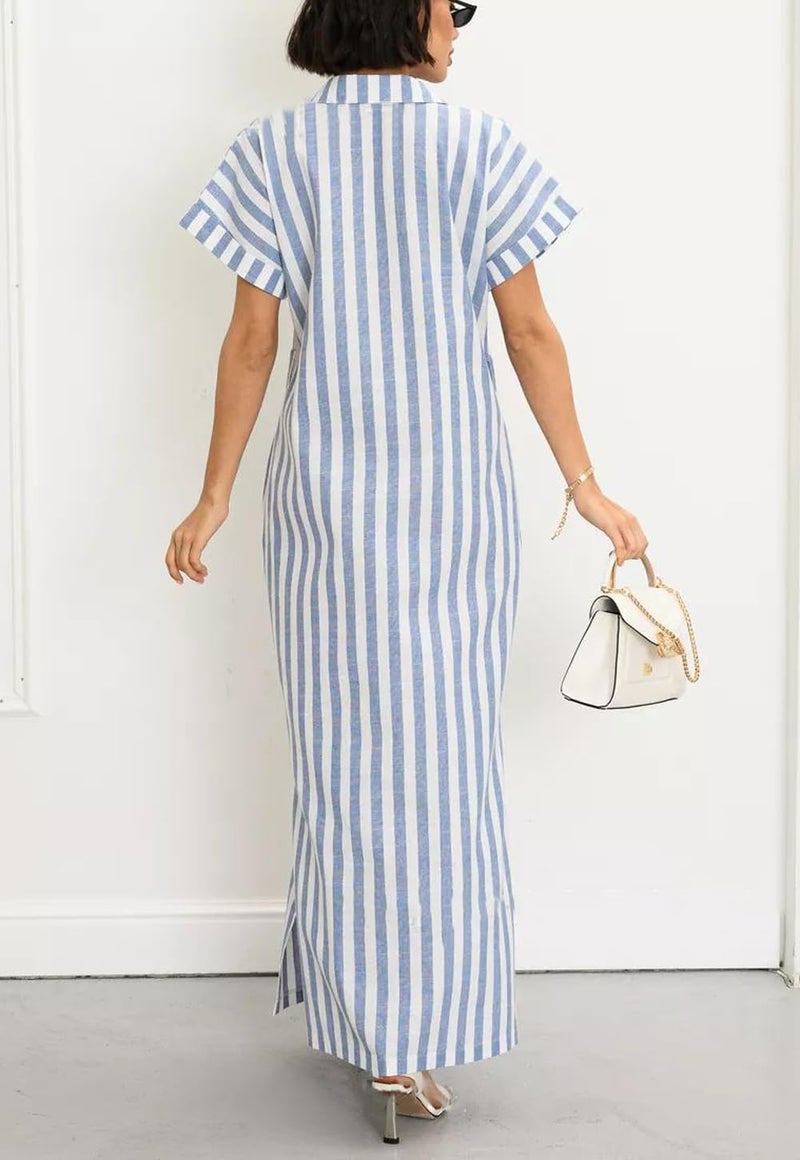 chouyatou Women's Summer Short Sleeve Striped Shirt Dress Beach Maxi Long Belted Casual Button Down Dress (Medium, Light Blue) - Image 2