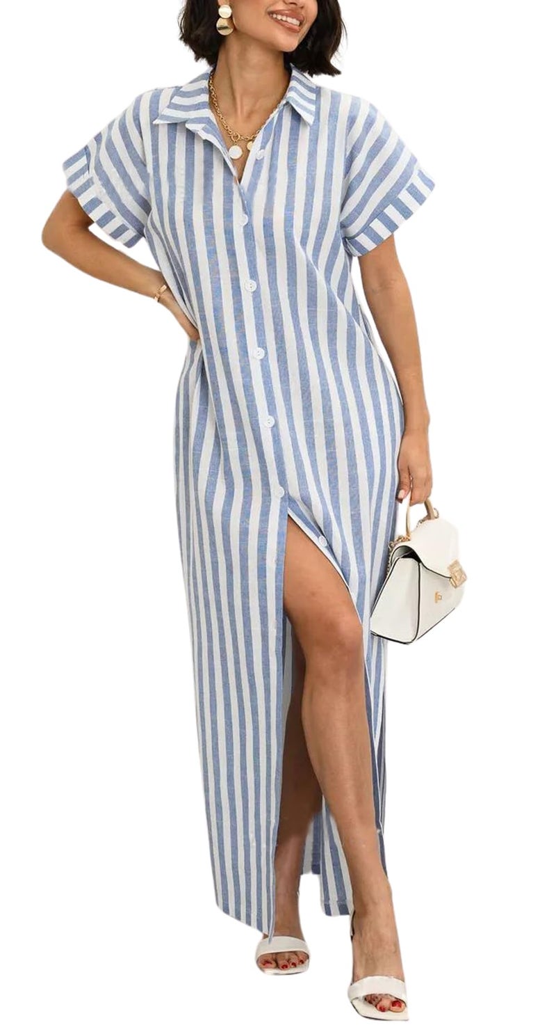 chouyatou Women's Summer Short Sleeve Striped Shirt Dress Beach Maxi Long Belted Casual Button Down Dress (Medium, Light Blue) - Image 1