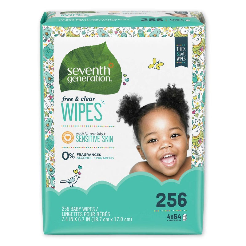 Seventh Generation 34219CT Free & Clear Baby Wipes, Refill, Unscented, White, 256/PK, 3 PK/CT - Image 1