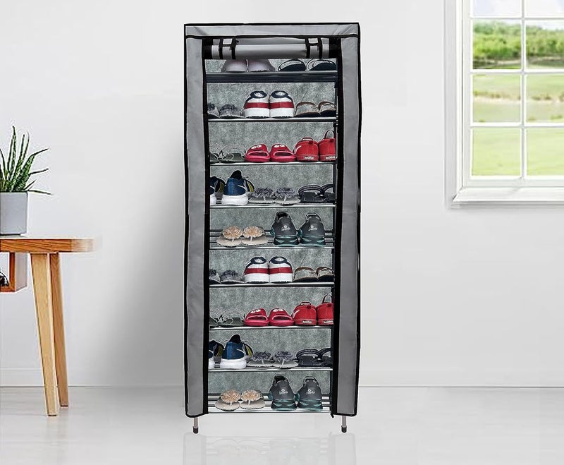 PHILOSHOP PHILOSHOP Multipurpose Foldble Shoe Rack for Home with Cover Dustproof Zip Cover with Side PocketsGrey Metal - Image 1