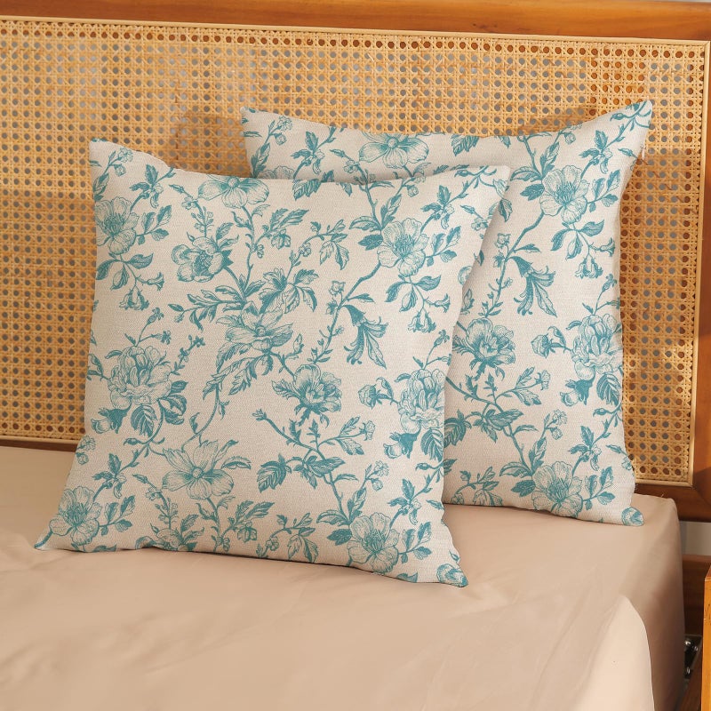 Jeferso Teal Floral Pillow Covers 18x18 مجموعة من Teal Chinoiserie الزهور الزخرفية وسادة رمي الرمي خمر زهرة ريفي تويلي وسادة الكتان في الهواء الطلق تغطية وسادة مزرعة للأريكة الأريكة - Image 2