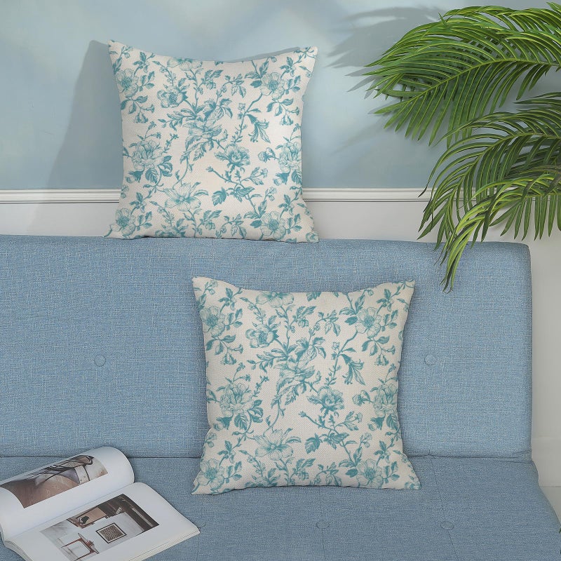Jeferso Teal Floral Pillow Covers 18x18 مجموعة من Teal Chinoiserie الزهور الزخرفية وسادة رمي الرمي خمر زهرة ريفي تويلي وسادة الكتان في الهواء الطلق تغطية وسادة مزرعة للأريكة الأريكة - Image 3