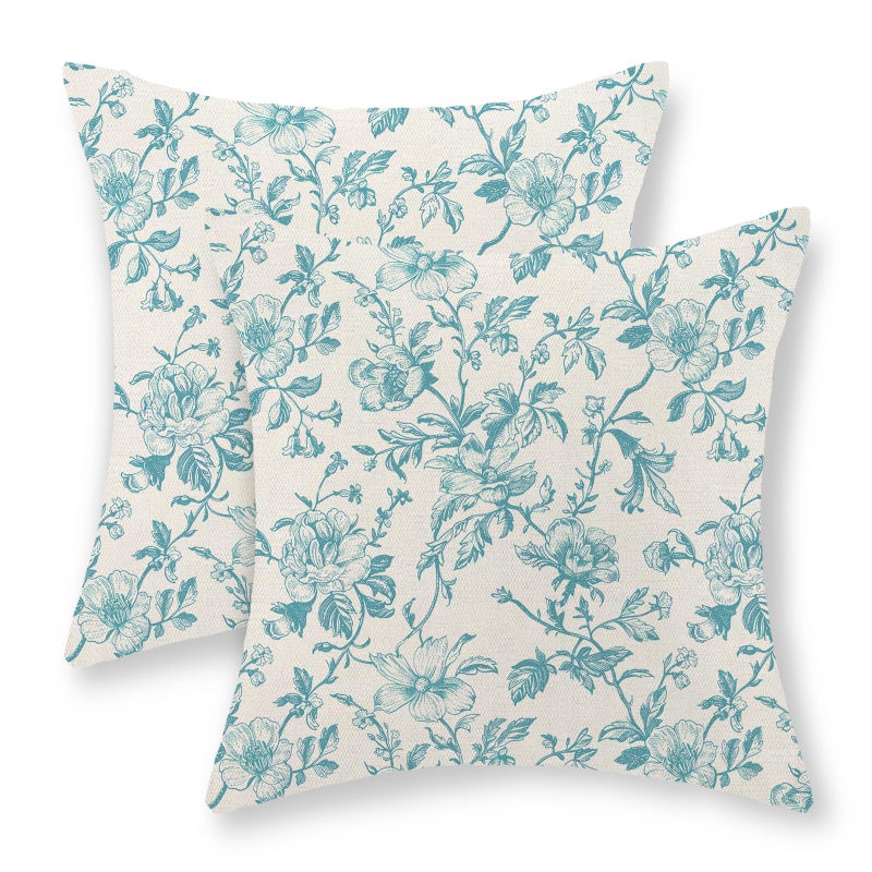 Jeferso Teal Floral Pillow Covers 18x18 مجموعة من Teal Chinoiserie الزهور الزخرفية وسادة رمي الرمي خمر زهرة ريفي تويلي وسادة الكتان في الهواء الطلق تغطية وسادة مزرعة للأريكة الأريكة - Image 1