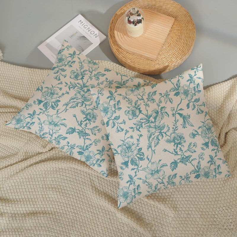 Jeferso Teal Floral Pillow Covers 18x18 مجموعة من Teal Chinoiserie الزهور الزخرفية وسادة رمي الرمي خمر زهرة ريفي تويلي وسادة الكتان في الهواء الطلق تغطية وسادة مزرعة للأريكة الأريكة - Image 5
