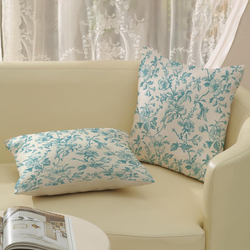 Jeferso Teal Floral Pillow Covers 18x18 مجموعة من Teal Chinoiserie الزهور الزخرفية وسادة رمي الرمي خمر زهرة ريفي تويلي وسادة الكتان في الهواء الطلق تغطية وسادة مزرعة للأريكة الأريكة - Image 4