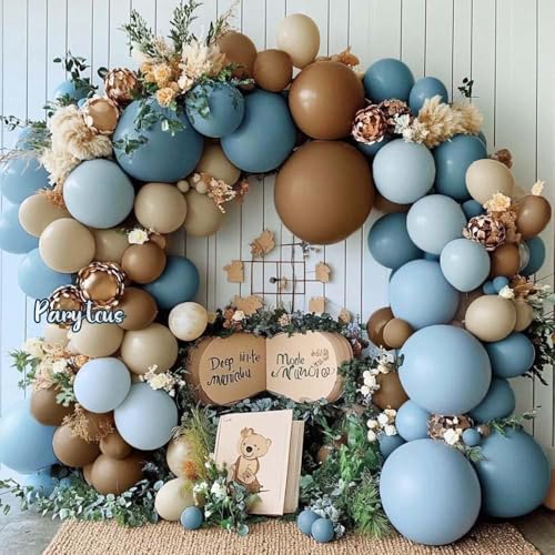 Partycus Dusty Blue Brown Balloon Arch Kit Double Stuffed Pastel Baby Blue Dark Brown Tan Coffee White Sand Latex Balloon Garland for Neutral Birthday Bear Western Cowboy Party Decoration - Image 1