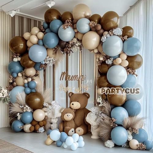 Partycus Dusty Blue Brown Balloon Arch Kit Double Stuffed Pastel Baby Blue Dark Brown Tan Coffee White Sand Latex Balloon Garland for Neutral Birthday Bear Western Cowboy Party Decoration - Image 5