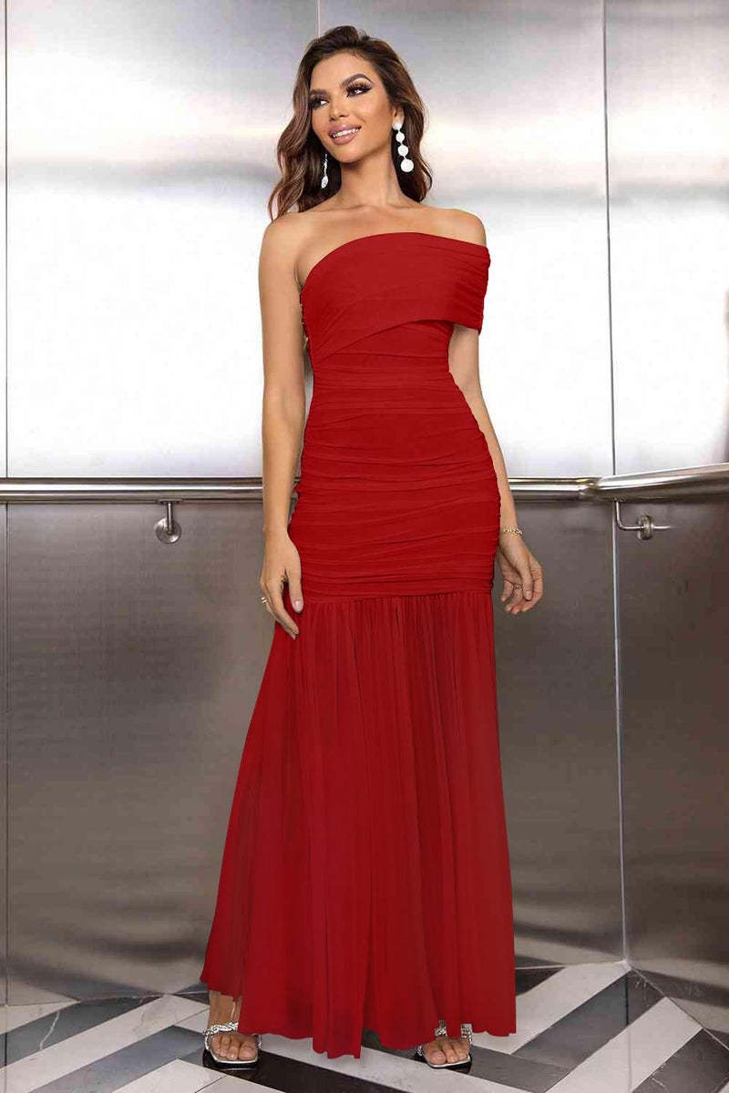 LAGSHIAN Women's Elegant Formal Long Dress One Shoulder Sleeveless Ruched Bodycon Evening Dress Red - Image 2