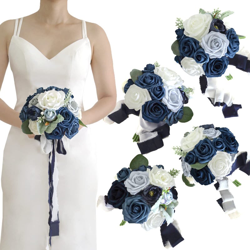 Lookein Set of 4 Bridesmaid Bouquet 7 Inch Artificial Flowers Bridal Bouquet Tossing Bouquet for Wedding Ceremony Anniversary Bridal Shower Classic Navy Blue