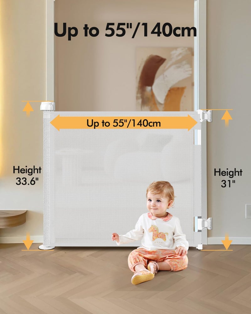 Zupetta Retractable Baby Gate for Stairs & Doorways, 55" Wide x 33.6" Tall Easy Installation Mesh Dog Gate for Indoor & Outdoor Use,Pet and Dog Safety Gate for Hallways(White) - Image 2
