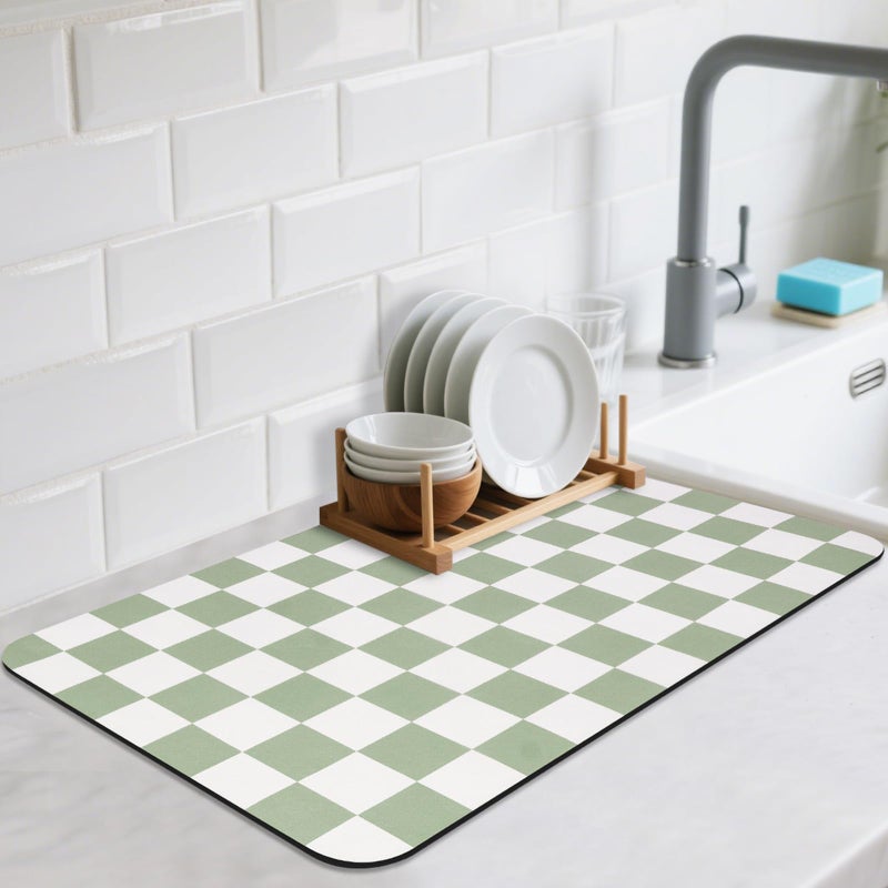 CooRug Checkered Dish Drying Mat for Kitchen Counter, Absorbent Non-Slip Coffee Mat, Heat Resistant Mat for Countertops Coffee Bar Decor 12" x 20" Green - Image 1