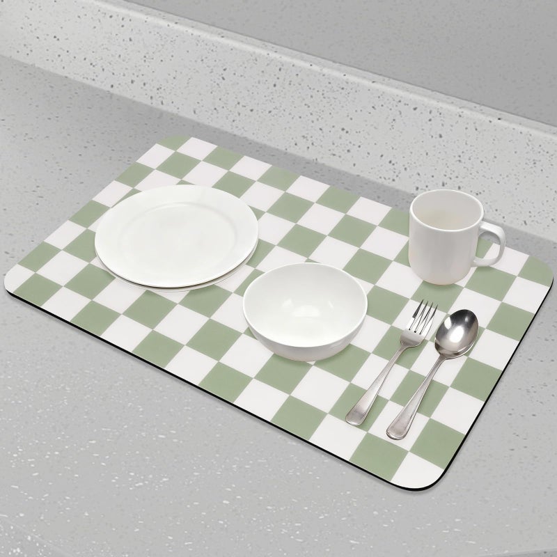 CooRug Checkered Dish Drying Mat for Kitchen Counter, Absorbent Non-Slip Coffee Mat, Heat Resistant Mat for Countertops Coffee Bar Decor 12" x 20" Green - Image 5
