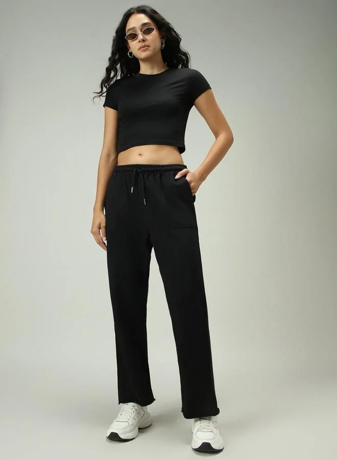 Outzidr  Black Patch Pocket Wide Leg Joggers for Women | Best Price UAE