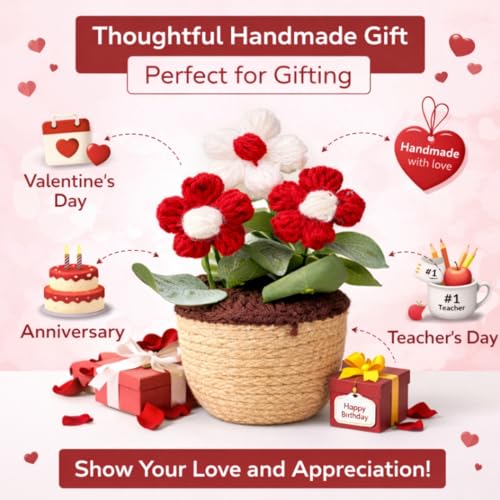 Akaar Decor's Handcrafted Crochet Flower Pot | Artificial Flowers for Home | Birthday | Anniversary | Housewarming Gifts | 100% Handmade Yarn Flower Décor (Crochet_Pot_Red) - Image 4