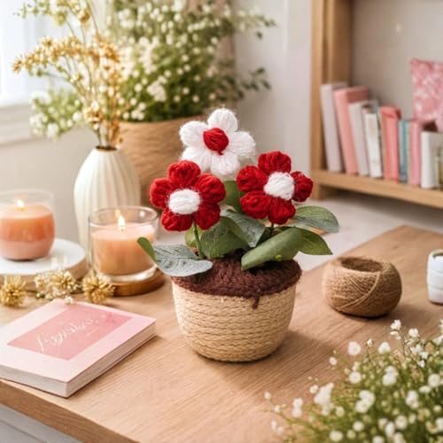 Akaar Decor's Handcrafted Crochet Flower Pot | Artificial Flowers for Home | Birthday | Anniversary | Housewarming Gifts | 100% Handmade Yarn Flower Décor (Crochet_Pot_Red) - Image 1