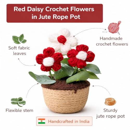 Akaar Decor's Handcrafted Crochet Flower Pot | Artificial Flowers for Home | Birthday | Anniversary | Housewarming Gifts | 100% Handmade Yarn Flower Décor (Crochet_Pot_Red) - Image 3