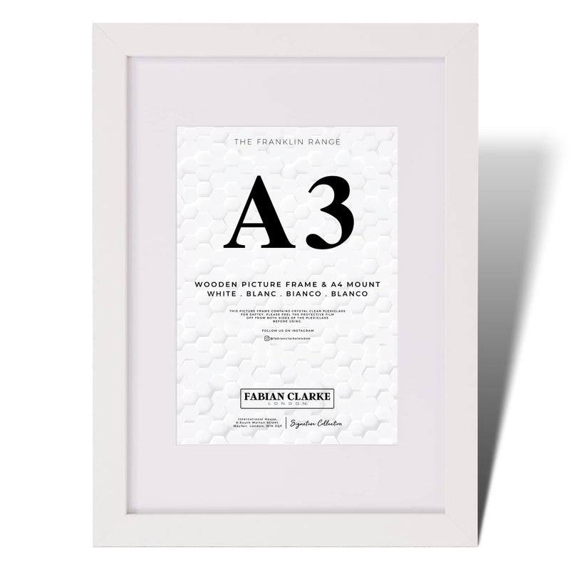 Fabian Clarke London A3 Modern White Wooden Picture Photo Frame with White A4 Mount to Hang Portrait or Landscape