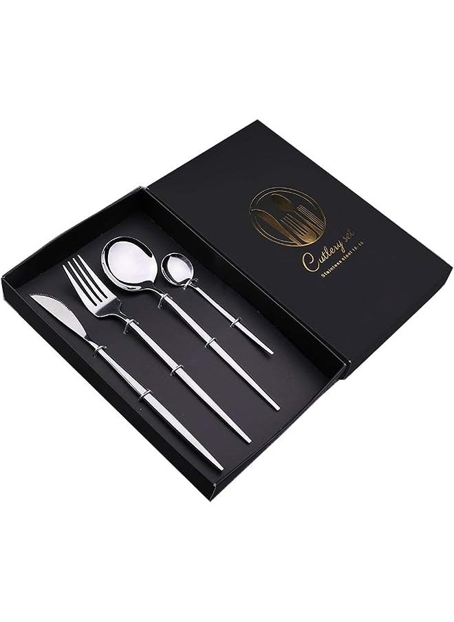 vesus 4 Pcs Stainless Steel Cutlery Set, Mirror Finish Flatware Set， Dinnerware Set Include Knife/Fork/Spoon/Teaspoon (Silver)  - Image 1