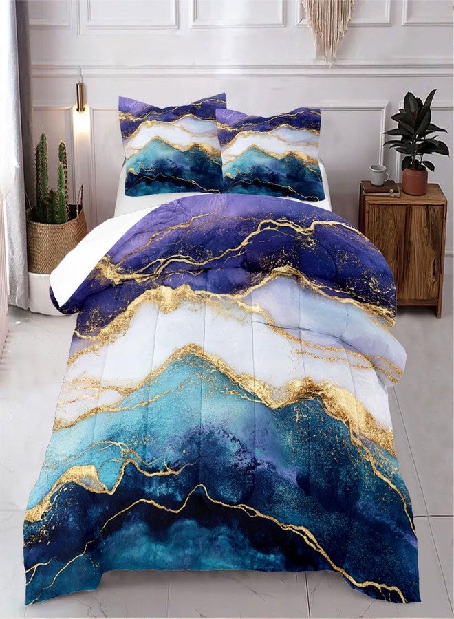 CCoutueChen Marble Comforter Set Queen Size Blue Purple Watercolor Marble Bedding Set 3 Pieces Modern Aesthetic Bedding Women Men Soft Lightweight Comforter for All Season,2 Pillowcases - Image 2