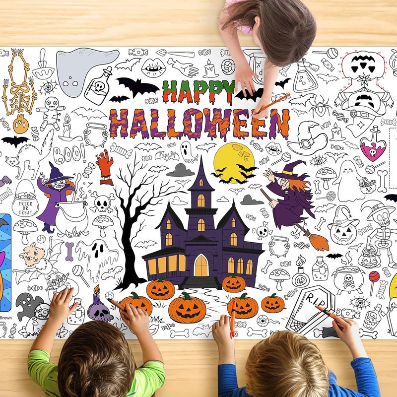 JOYGATHER Giant Halloween Coloring Tablecloth for Kids, Large 30x72 Inch Poster with Haunted House, Pumpkins, Ghosts, Bats, Arts Crafts Games Indoor Activities for Halloween Party, Classroom Fun - Image 1