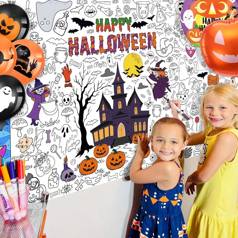 JOYGATHER Giant Halloween Coloring Tablecloth for Kids, Large 30x72 Inch Poster with Haunted House, Pumpkins, Ghosts, Bats, Arts Crafts Games Indoor Activities for Halloween Party, Classroom Fun - Image 4